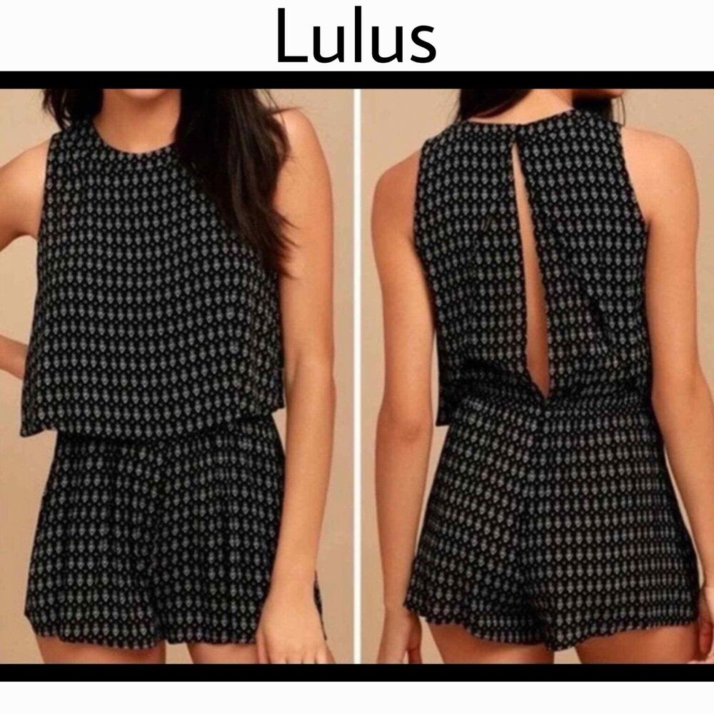 Lulus Romper Creative Approach Arrow Print Open Back Black White Medium